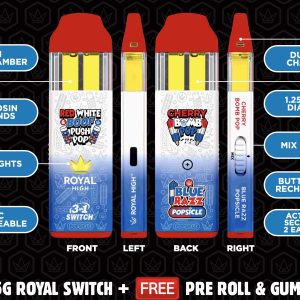 ROYAL HIGH 2.5G SWITCH DISPOSABLE (91.7 - 94.1% THC) COMES WITH A 50mg Gummy + 2.3g Preroll